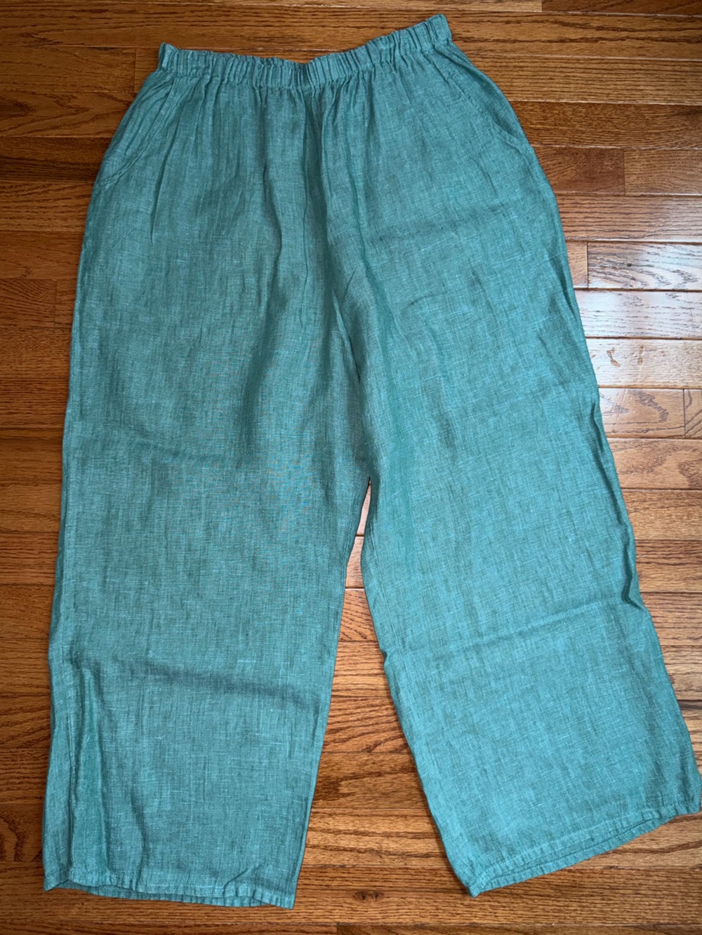 FLAX $80 Teal Green Floods 100% Linen Pants With Elastic Waist Womens Medium
